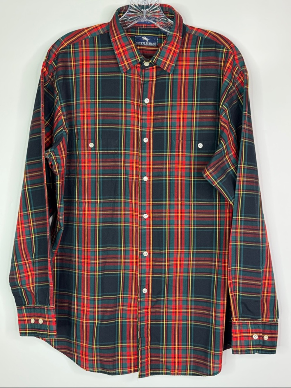 Vintage Steeplechase Plaid Red Green Yellow LS Button Down Shirt Size Large